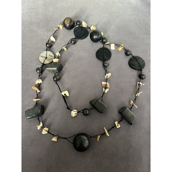 Long Black Bead & Shell Chip Multi Strand Statement Necklace ~ Boho Art to Wear - Picture 1 of 3